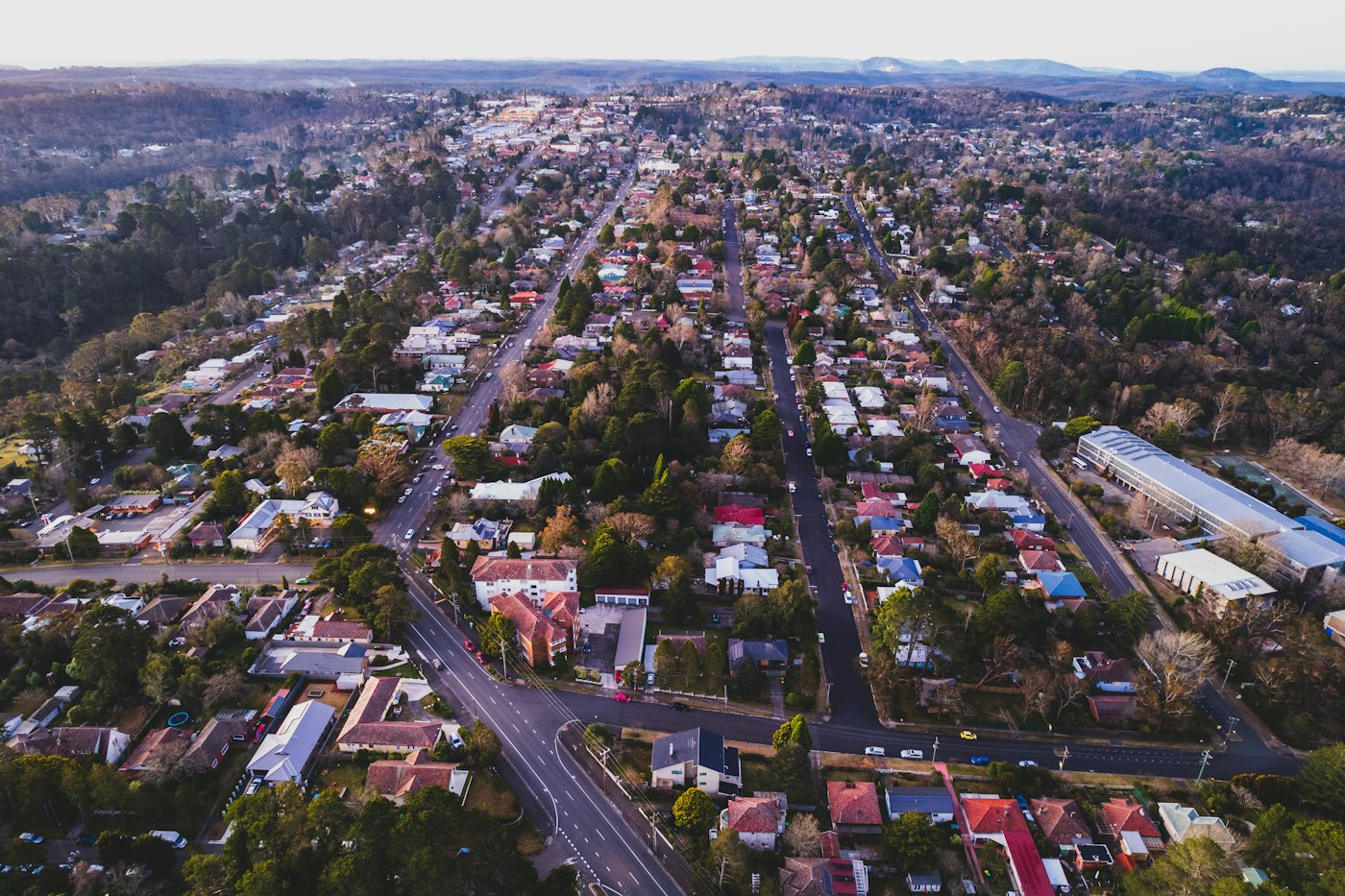Aerial view of a regional town with houses and streets