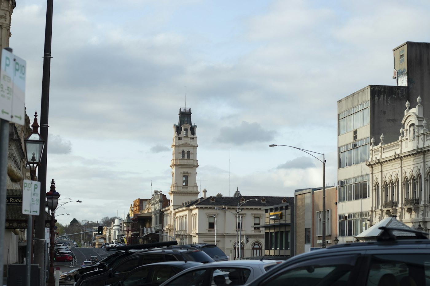 Heritage streetscape and clock tower in central Ballarat