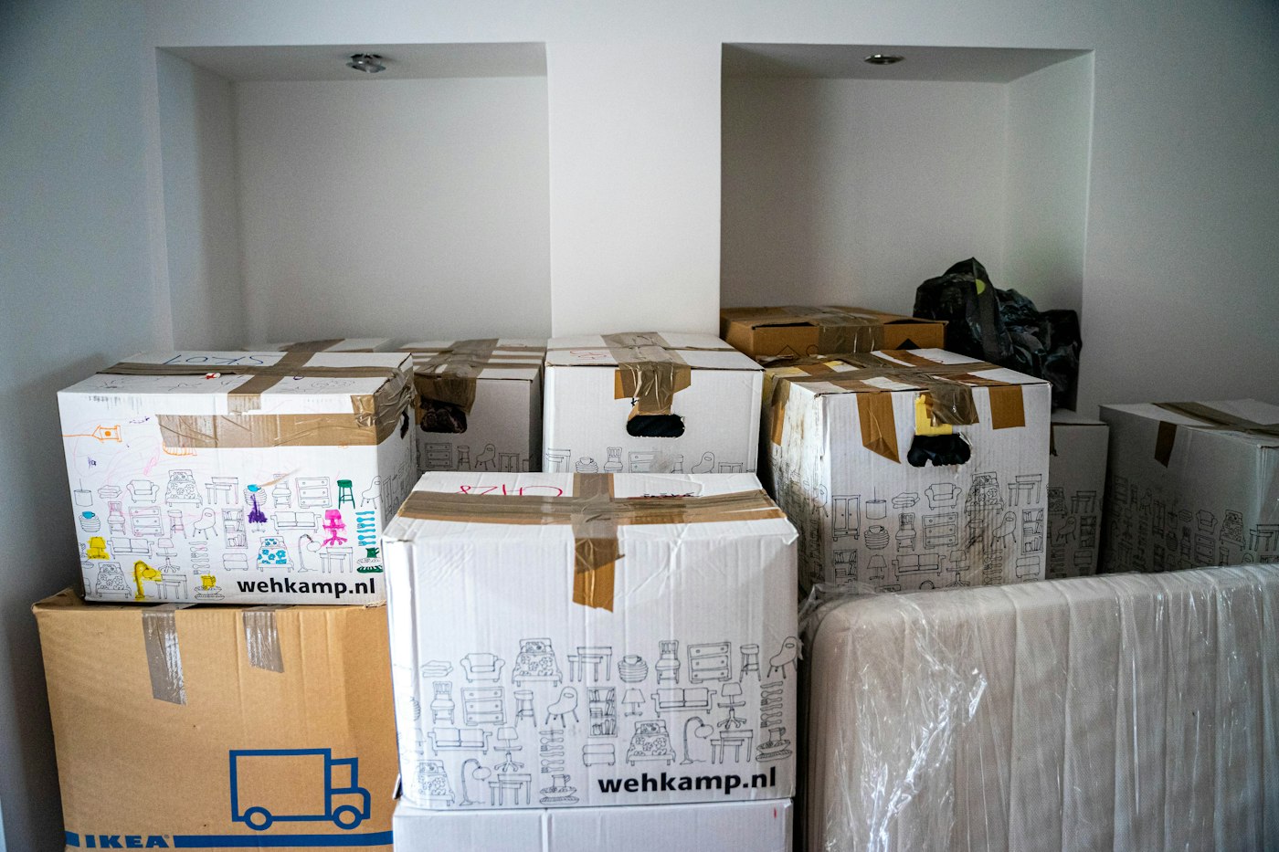 Moving boxes stacked on a table