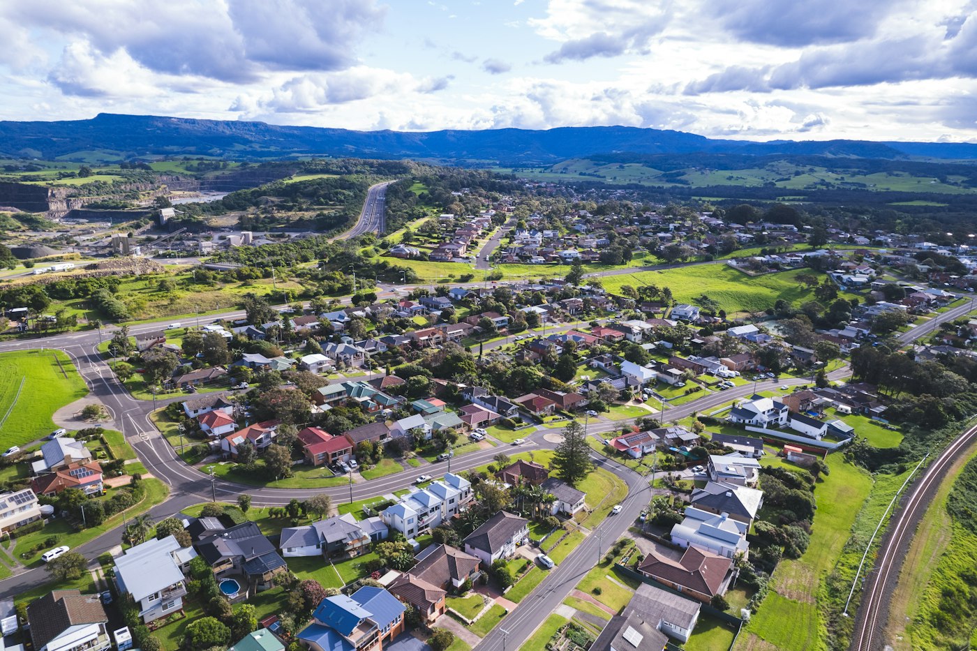 Aerial view of a small country town grid of streets